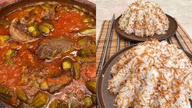 طاجن بامية باللحم مع أرز بالشعرية